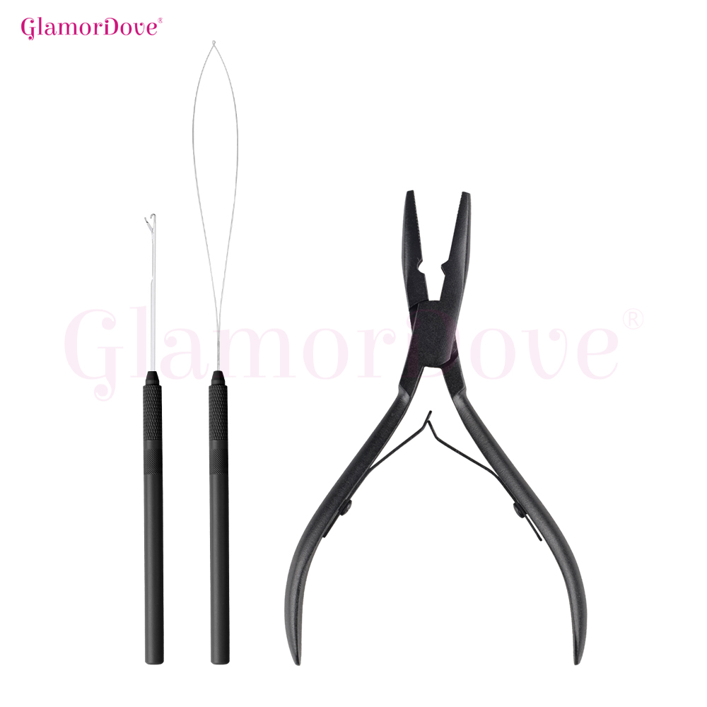 Needle Threader Tool - ชุดเครื่องมือต่อผมไมโครริง GlamorDove, คีมพร้อมเข็มเกี่ยวและที่ร้อยด้ายสำหรับติดต่อผมไมโครบีด