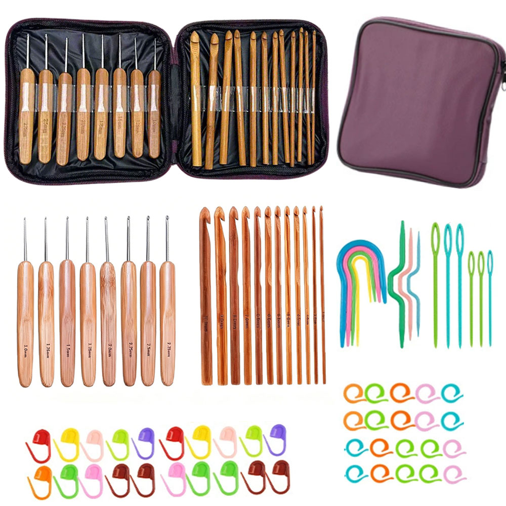 Sewing Knit - ชุดเข็มโครเชต์ไม้ไผ่ 74 ชิ้น พร้อมอุปกรณ์ถักไหมพรม เย็บปักถักร้อย พร้อมกระเป๋าเก็บแบบพกพา