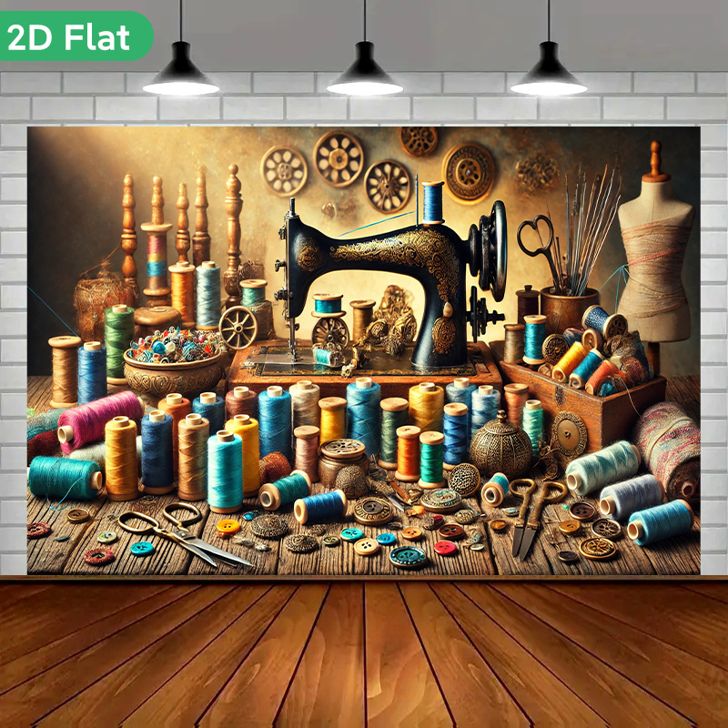 Textiles Sewing Machine - งานศิลปะตกแต่งผนังสไตล์วินเทจเรโทร ลายเครื่องจักรเย็บผ้าสตีมพังค์ ตกแต่งห้องด้วยผ้าและม้วนด้าย