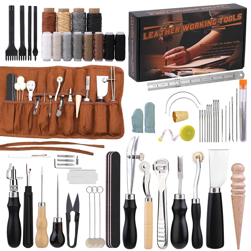 Textile Sewing Kit - KRABALL Professional หนังหัตถกรรมชุดเครื่องมือเย็บมือชุดซ่อมด้ายขี้ผึ้งเย็บ Punch แกะสลักทํางาน Groover